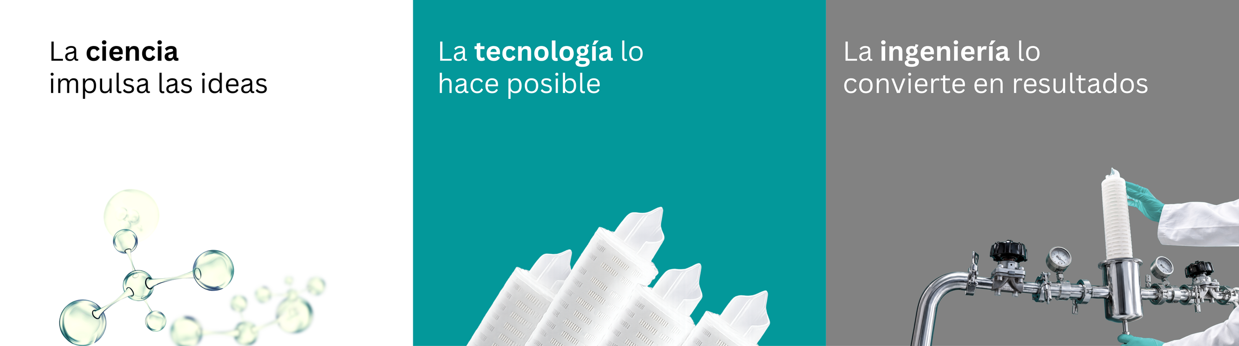 Infografía que explica cómo la ciencia impulsa las ideas, la tecnología las hace posibles y la ingeniería las convierte en resultados, con ilustraciones de moléculas, tubos de ensayo y equipo de laboratorio.
