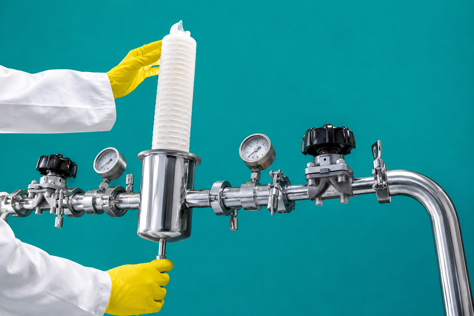 Manos con guantes amarillos ajustando maquinaria de laboratorio de acero inoxidable con medidores y tuberías en fondo azul.