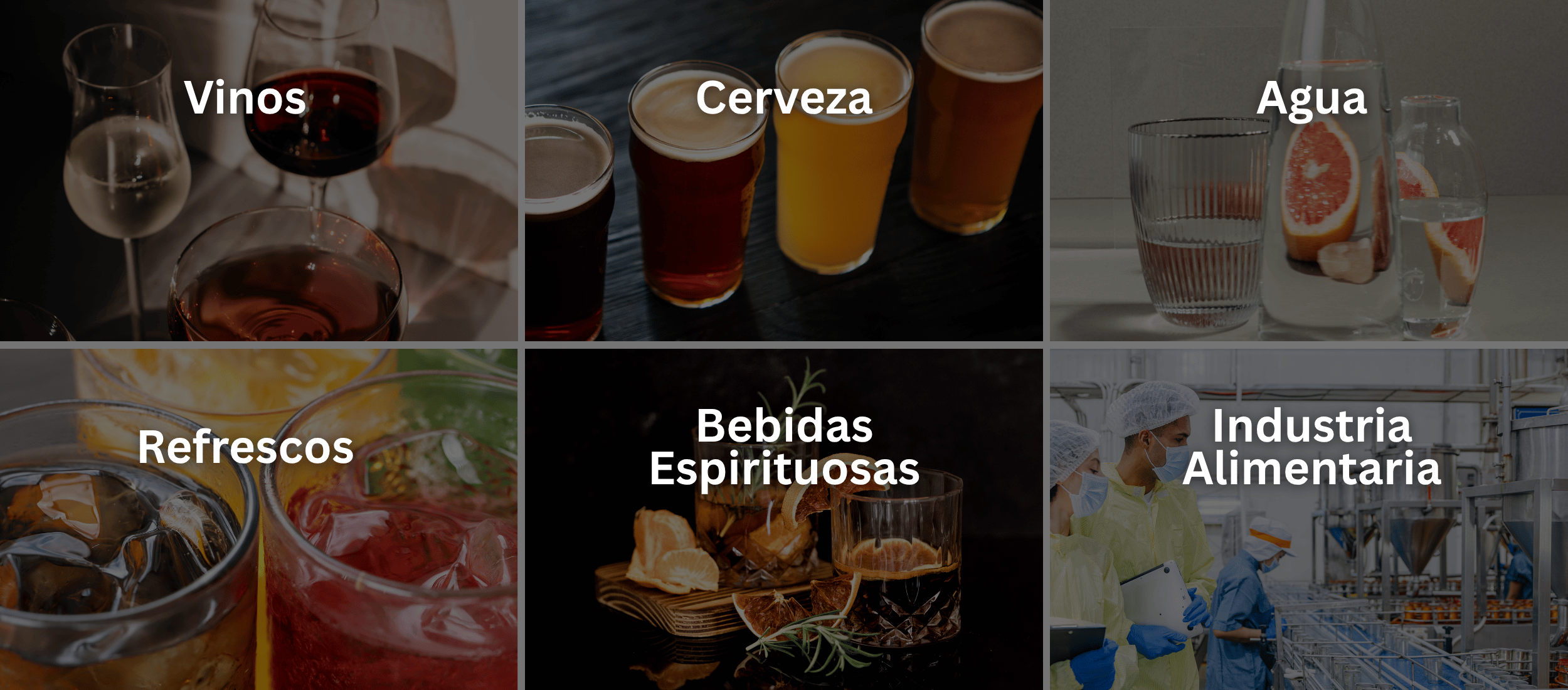 Imagen dividida en varias secciones con diferentes bebidas: vinos, cerveza, agua, refrescos, bebidas espirituosas y una industria alimentaria, mostrando producción y consumo de bebidas.