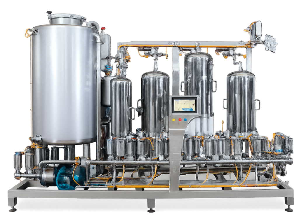 Sistema de procesamiento industrial de acero inoxidable con tanques, tuberías y panel de control.