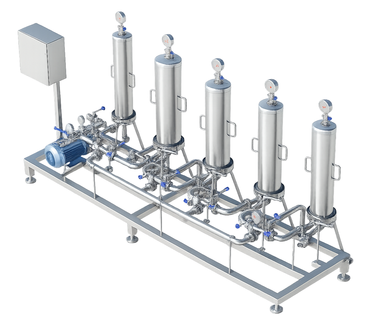 Sistema de tuberías y cilindros de laboratorio de acero inoxidable con medidores de presión y bomba, en estructura metálica.