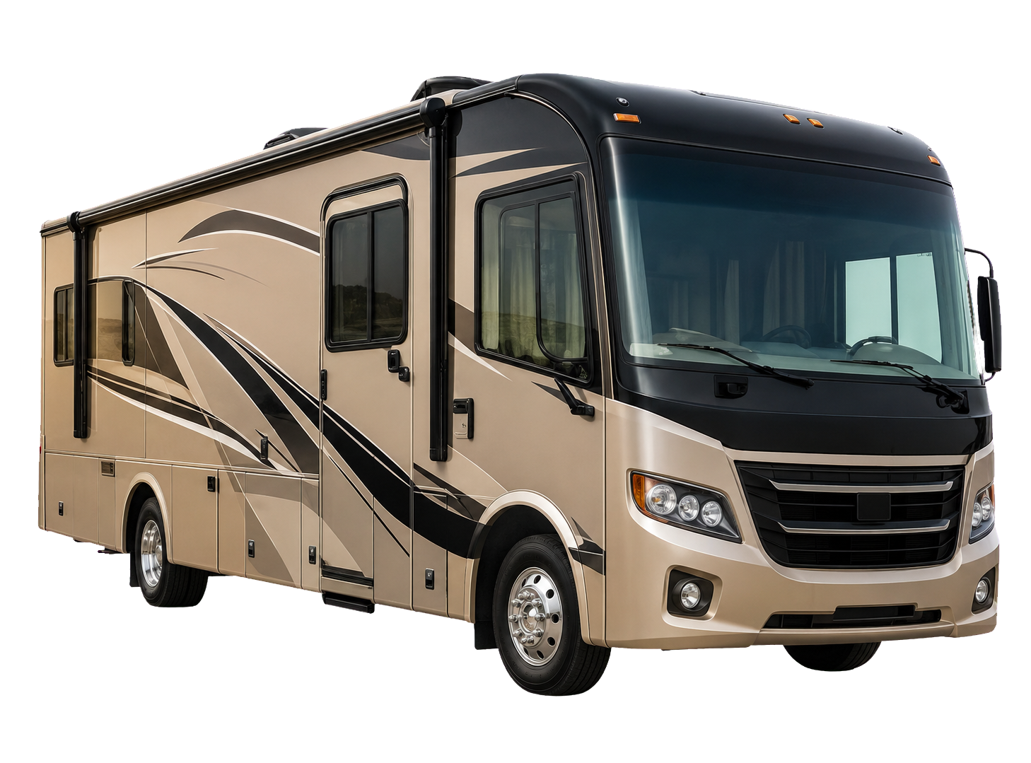 A beige and black motorhome with graphics, large front windshield, and side windows, isolated on a white background.