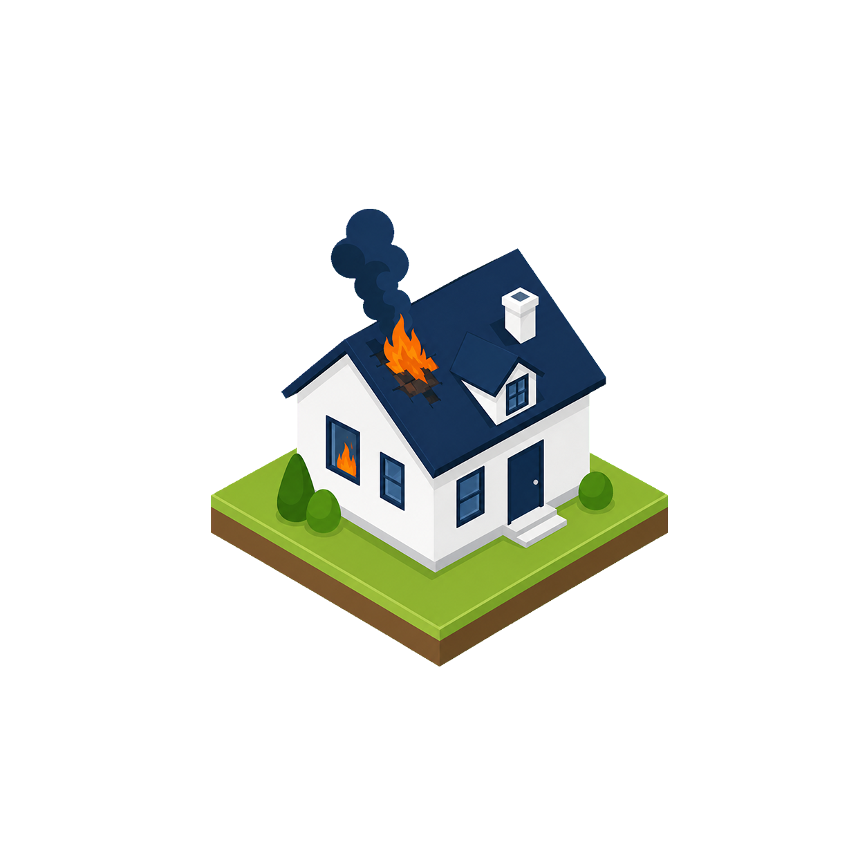 Isometric illustration of a house with fire on the roof and smoke rising, surrounded by grass and bushes.