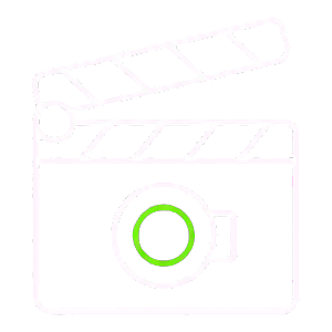 Icon of a movie clapperboard and a camera used for filmmaking or video production.