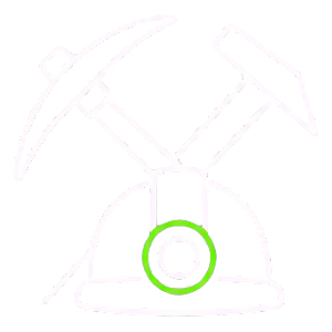Line drawing of a miner's helmet with a headlamp and a pickaxe crossing behind it on a black background.