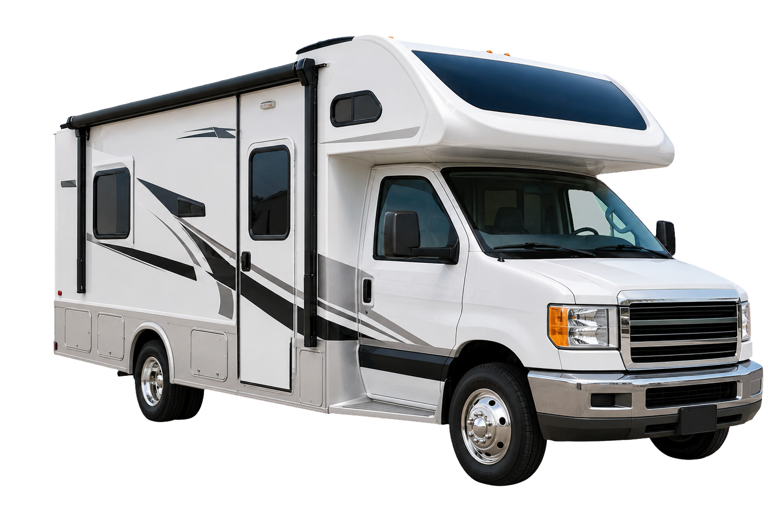 White motorhome or RV with black and gray graphics