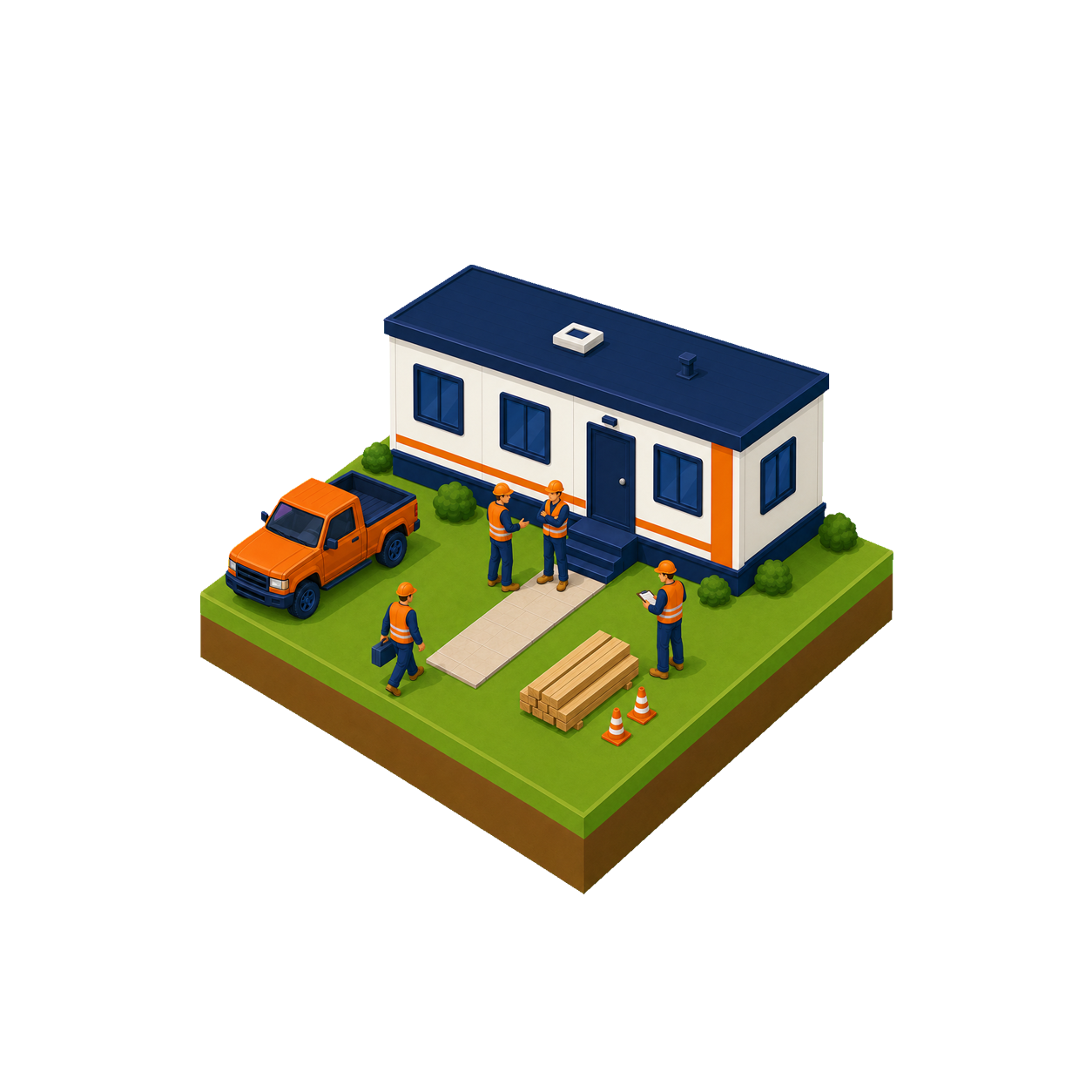 Isometric illustration of a construction site with workers, a house, a pickup truck, and construction materials.