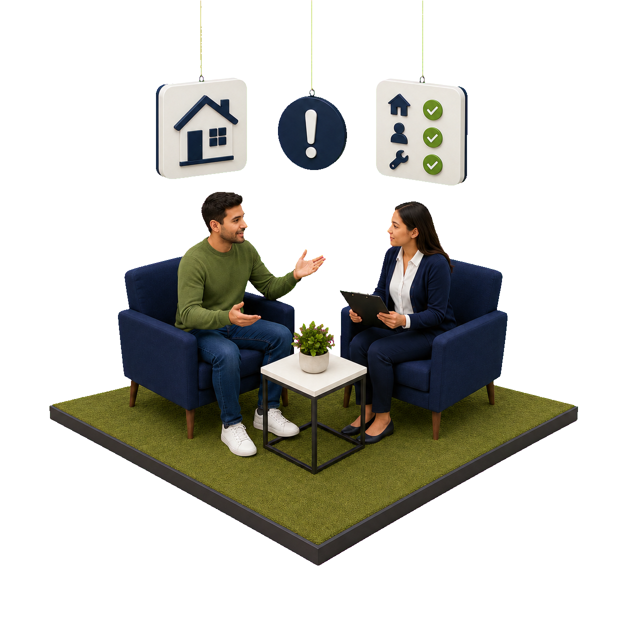 A man and woman sitting on blue armchairs in a living room, having a conversation. There are icons above them indicating a house, an exclamation mark inside a circle, and a checklist with checkmarks, suggesting a discussion about home or safety issues.