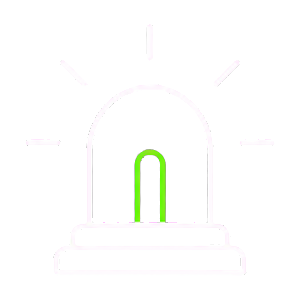 Illustration of a police siren light with flashing rays, white outline, green warning light in the center on a black background.