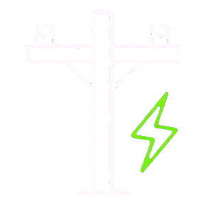 A simplified line drawing of a high-voltage power pole with electric insulators, a lightning bolt symbol in green, representing electricity or power.