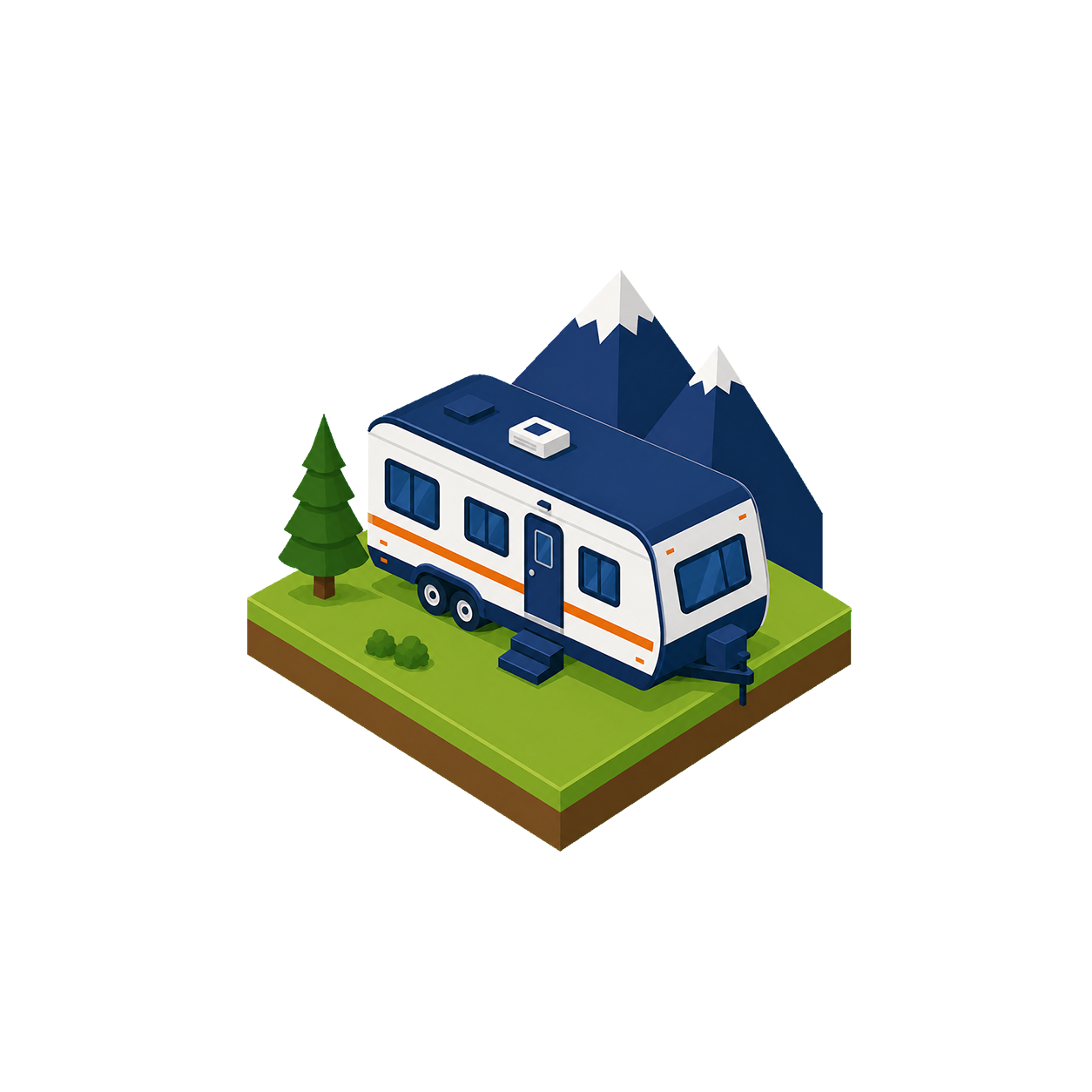 A 3D illustration of a mobile home trailer parked on a green patch of grass with a tree and mountains in the background.