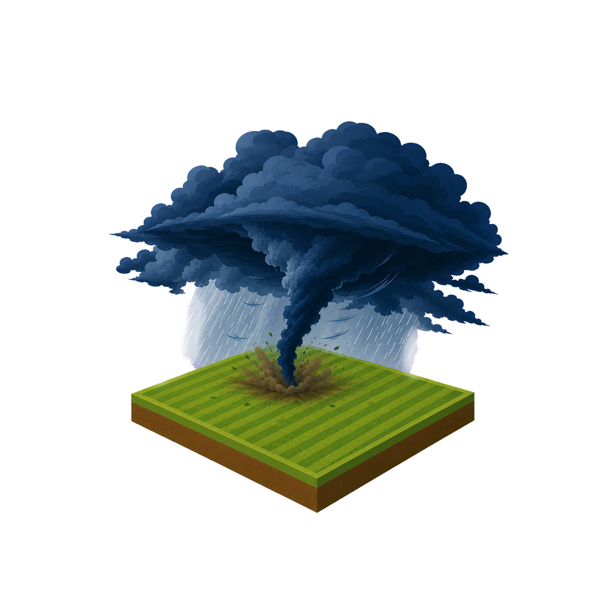 Illustration of a tornado forming over a grassy field, with dark clouds and rain.