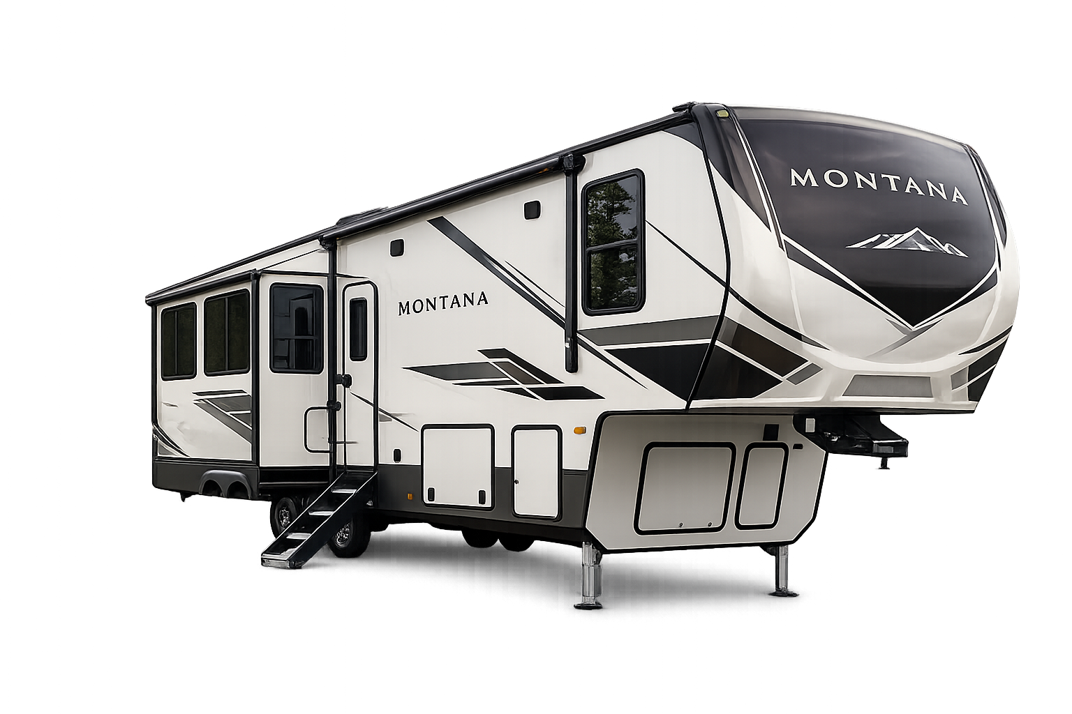 A white Montana fifth-wheel RV trailer with black and gray accents, parked against a plain background, featuring stairs leading to the entry door, multiple windows, and the Montana logo with a mountain graphic on the front cap.