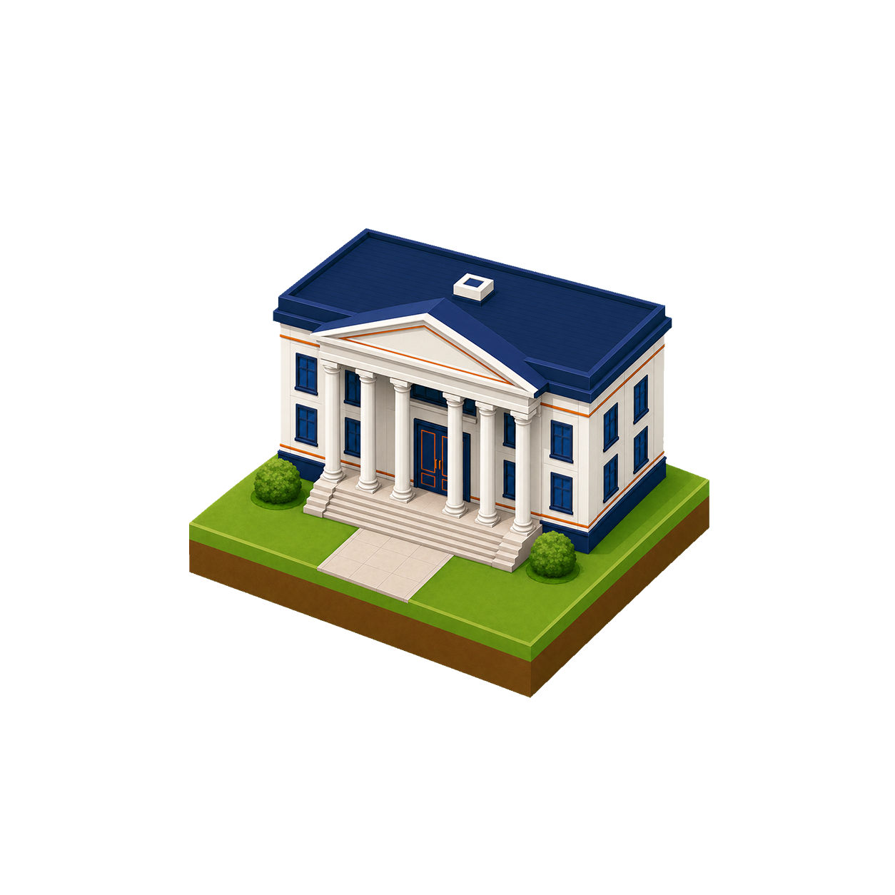 Isometric illustration of the White House with columns, a staircase, and surrounding grass and bushes.