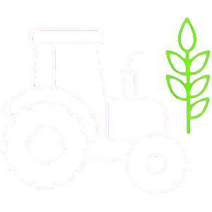 Line drawing of a tractor with a plant growing next to it on a black background.