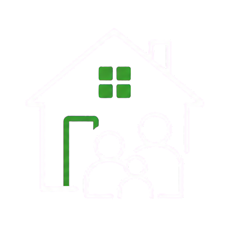 A digitally illustrated house with green window panes.