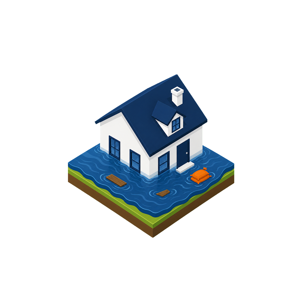 A house surrounded by floodwaters, with floating debris and waterlogged ground.