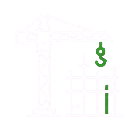 Outline of a construction crane with a hook lifting a green dollar sign over a building under construction.