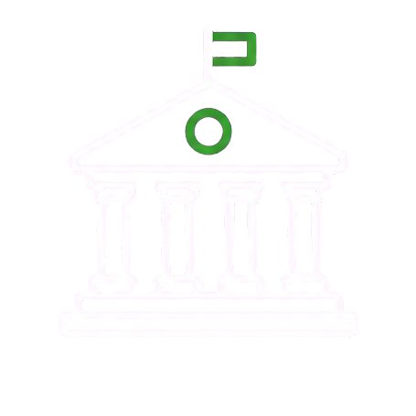 Stylized digital illustration of a government or courthouse building with columns and a round clock on the front.
