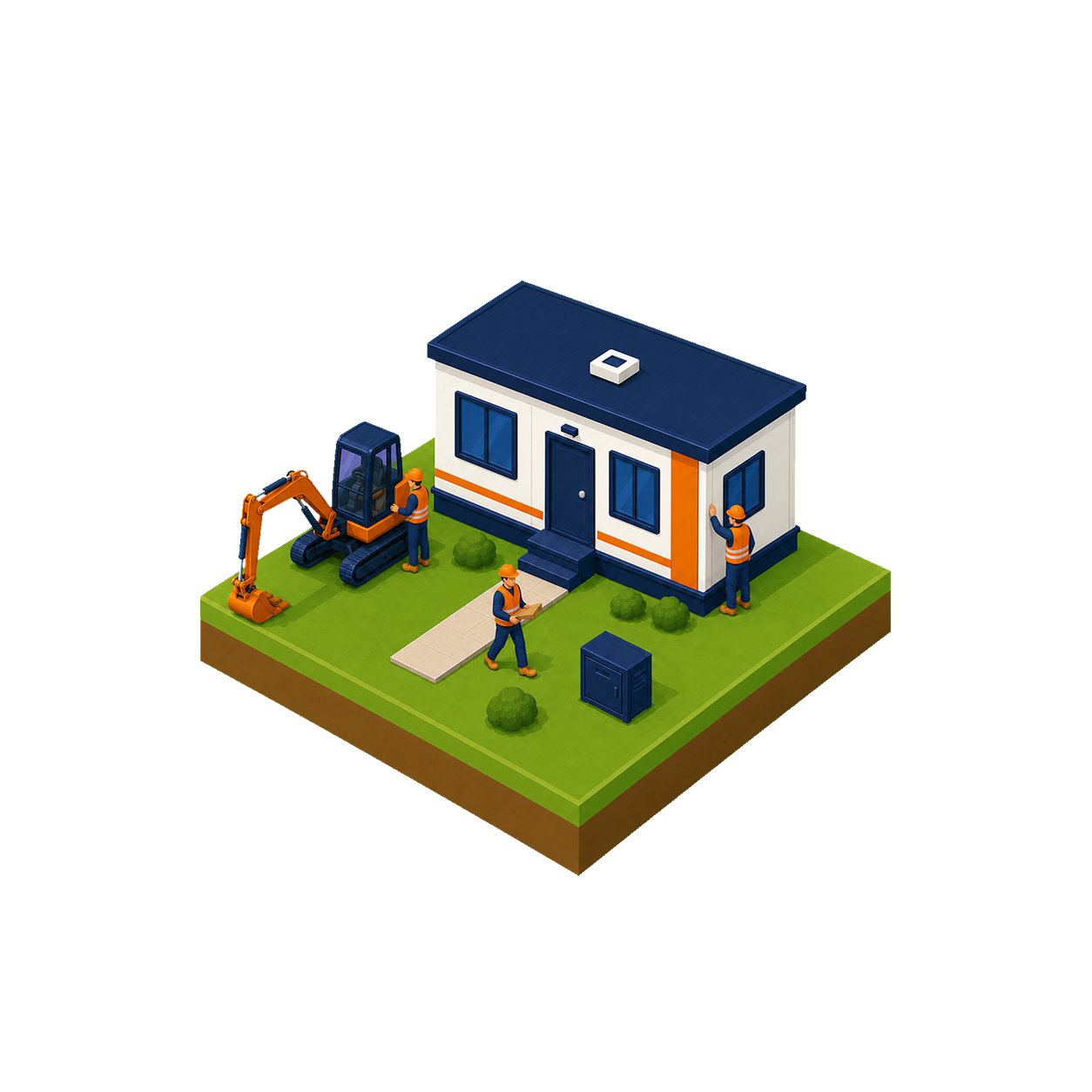 Illustration of house construction, showing workers with tools, a small building, and a mini excavator on green grass.
