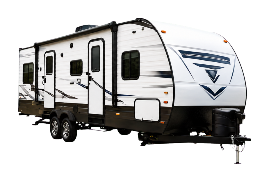 A white travel trailer with black accents and multiple windows, parked isolated on a black background.
