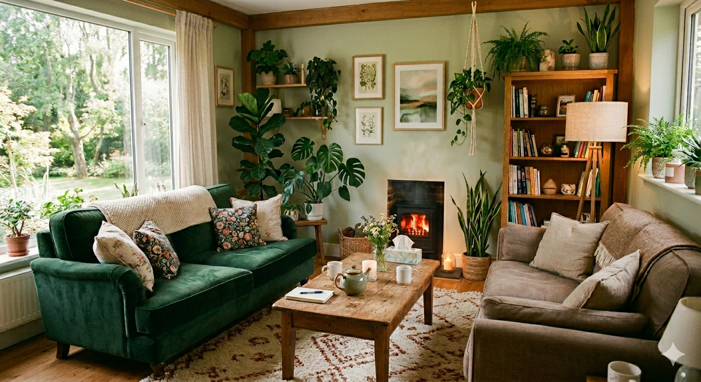 Living room with green and beige sofas, a wooden coffee table, fireplace, bookshelves, various plants, picture frames, and a window with curtains showing greenery outside.