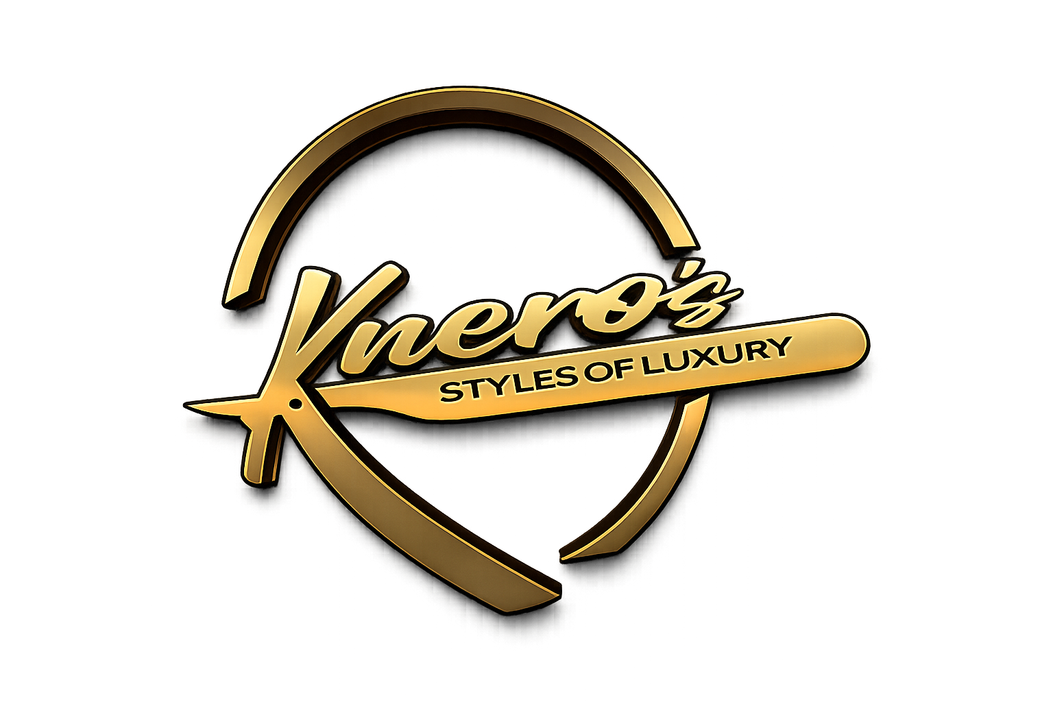 Gold and black logo of Knero's Styles of Luxury, with the name in cursive script and a tagline on a banner, inside a circular design.