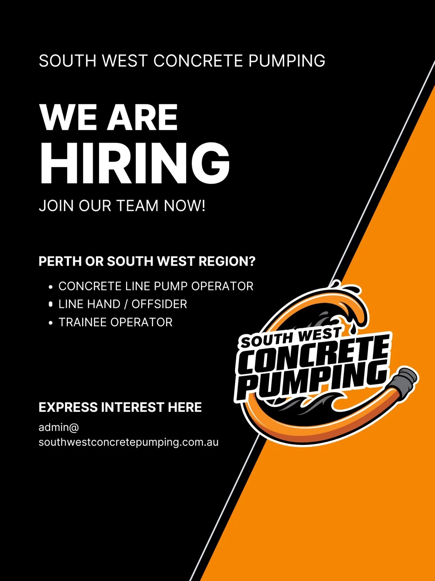 Looking for a job outdoors with a great team?

South West Concrete Pumping is on the lookout for staff to join our team in Margaret River and Perth. 
Whether you&rsquo;re looking to learn or already have experience, we want to hear from you.
This is 