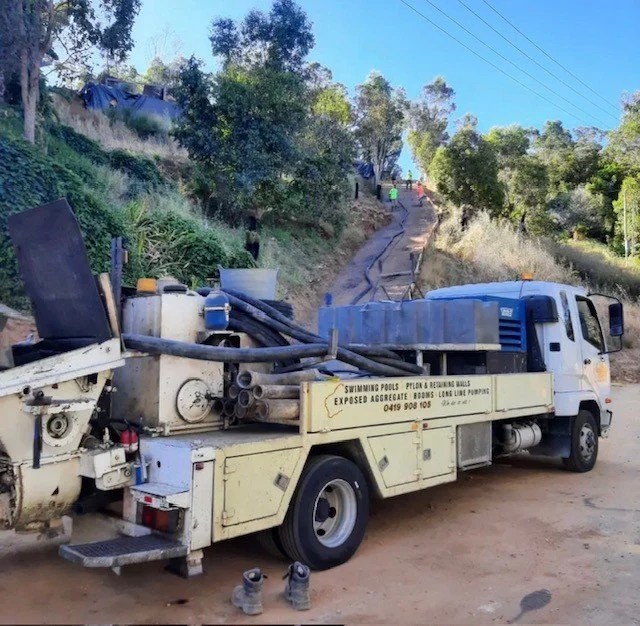 Meet the SWCP fleet — Mitsubishi Fuso line pump trucks, Win Engineering WP-80LPPNS long-line pump unit, and fully equipped support vehicles. Servicing Perth, South West WA and beyond