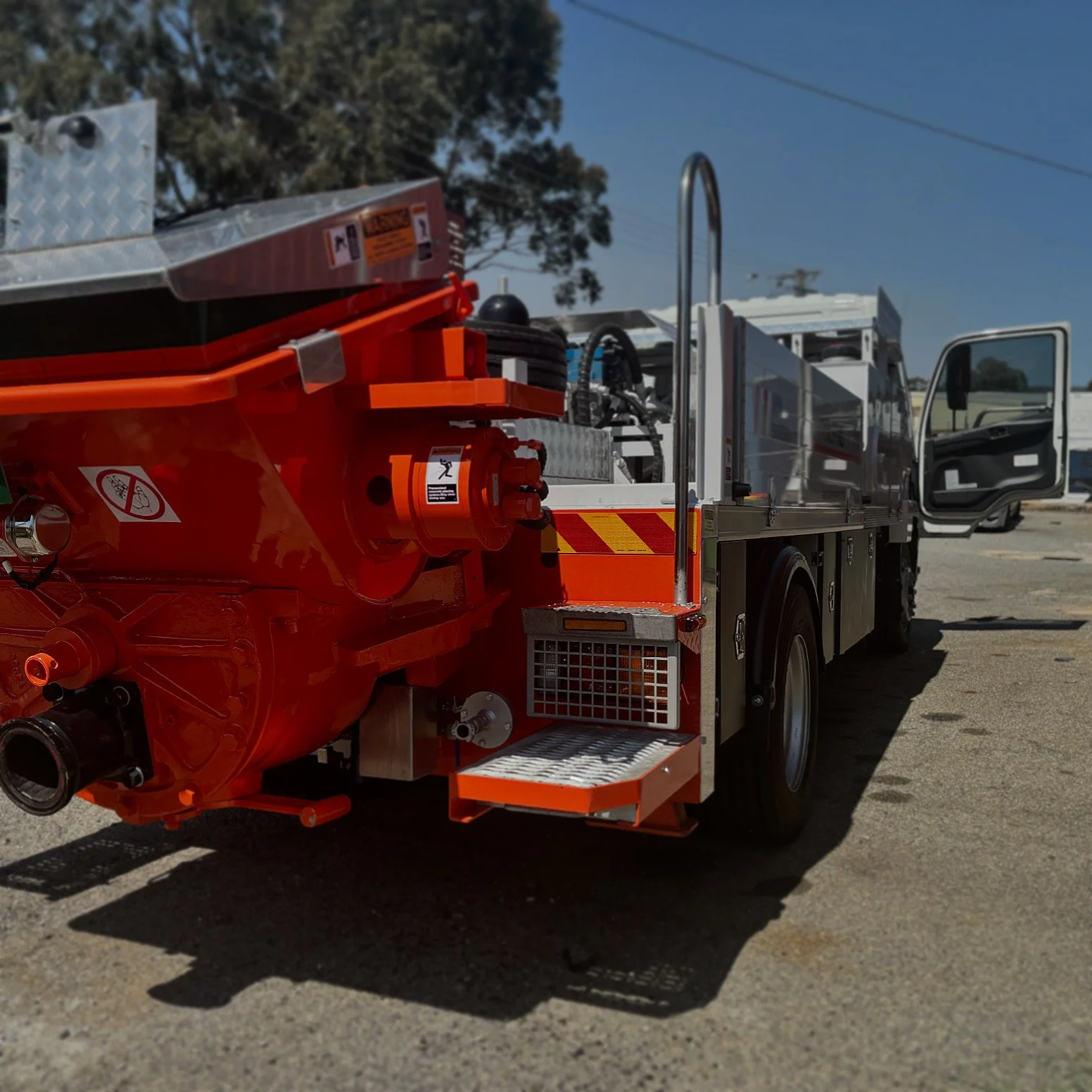 Meet the SWCP fleet — Mitsubishi Fuso line pump trucks, Win Engineering WP-80LPPNS long-line pump unit, and fully equipped support vehicles. Servicing Perth, South West WA and beyond