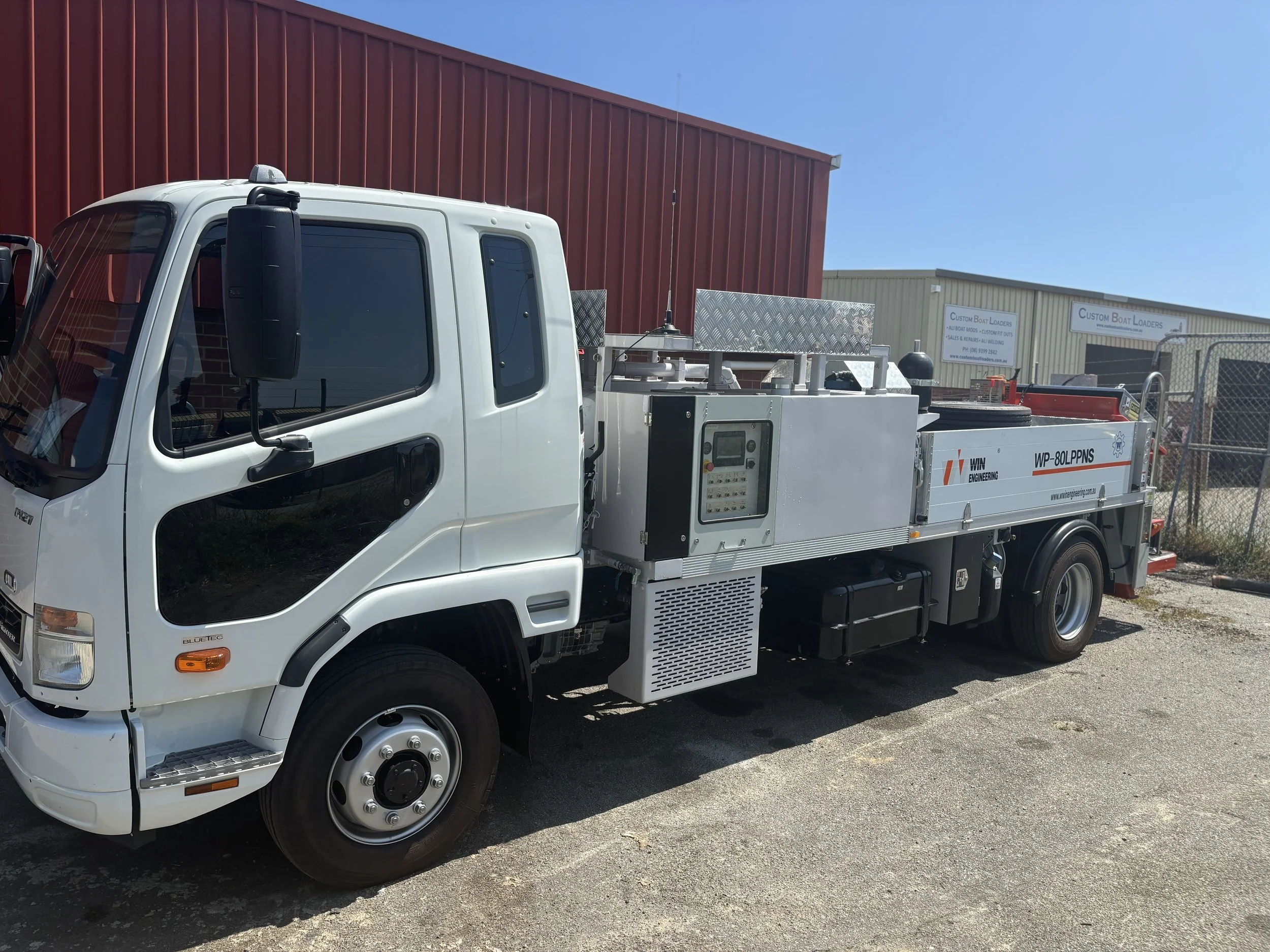 Meet the SWCP fleet — Mitsubishi Fuso line pump trucks, Win Engineering WP-80LPPNS long-line pump unit, and fully equipped support vehicles. Servicing Perth, South West WA and beyond