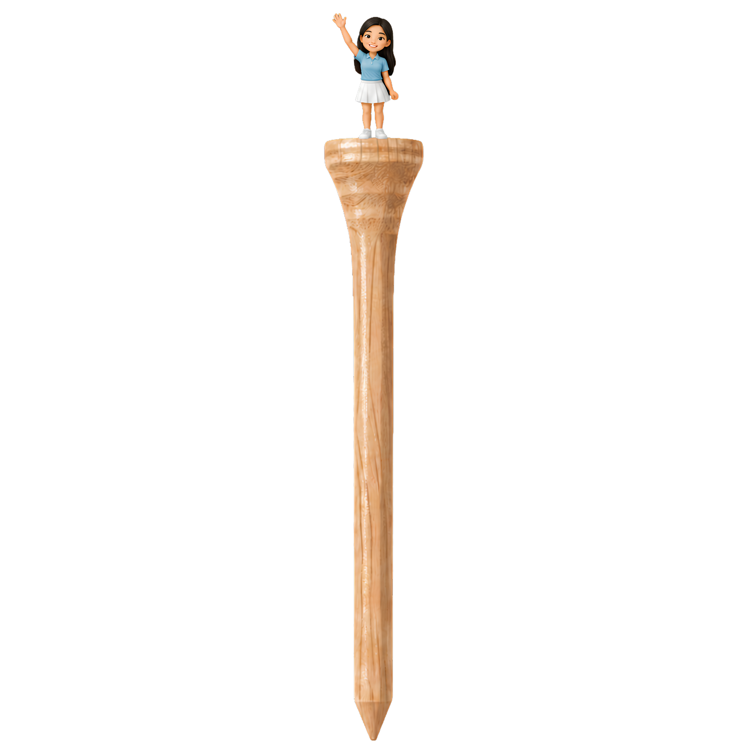 An animated girl standing on a large wooden pencil with her arm raised, smiling, wearing a blue shirt and white skirt.