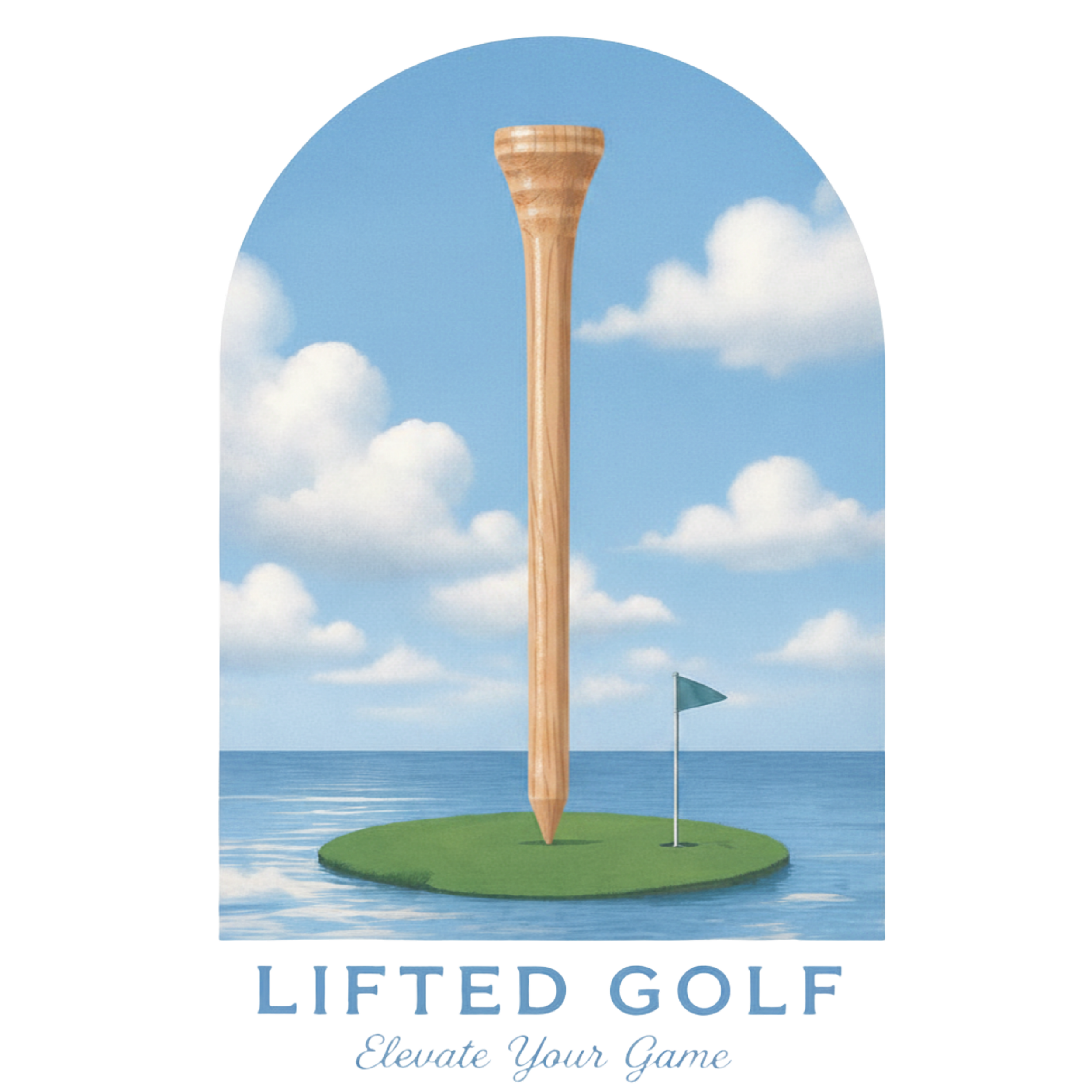 LIFTED GOLF logo with a wooden golf tee in the shape of a tower rising from a green golf course, blue sky with white clouds in the background, and a golf flag on the right side. Tagline: 'Elevate Your Game'.