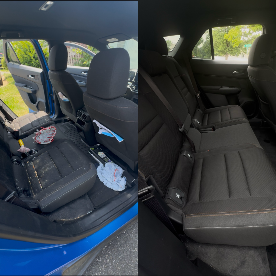 Side-by-side comparison of the interior of a blue car, showing the back seats before and after cleaning and tidying, with the seats appearing dirtier in the first image and cleaner in the second.