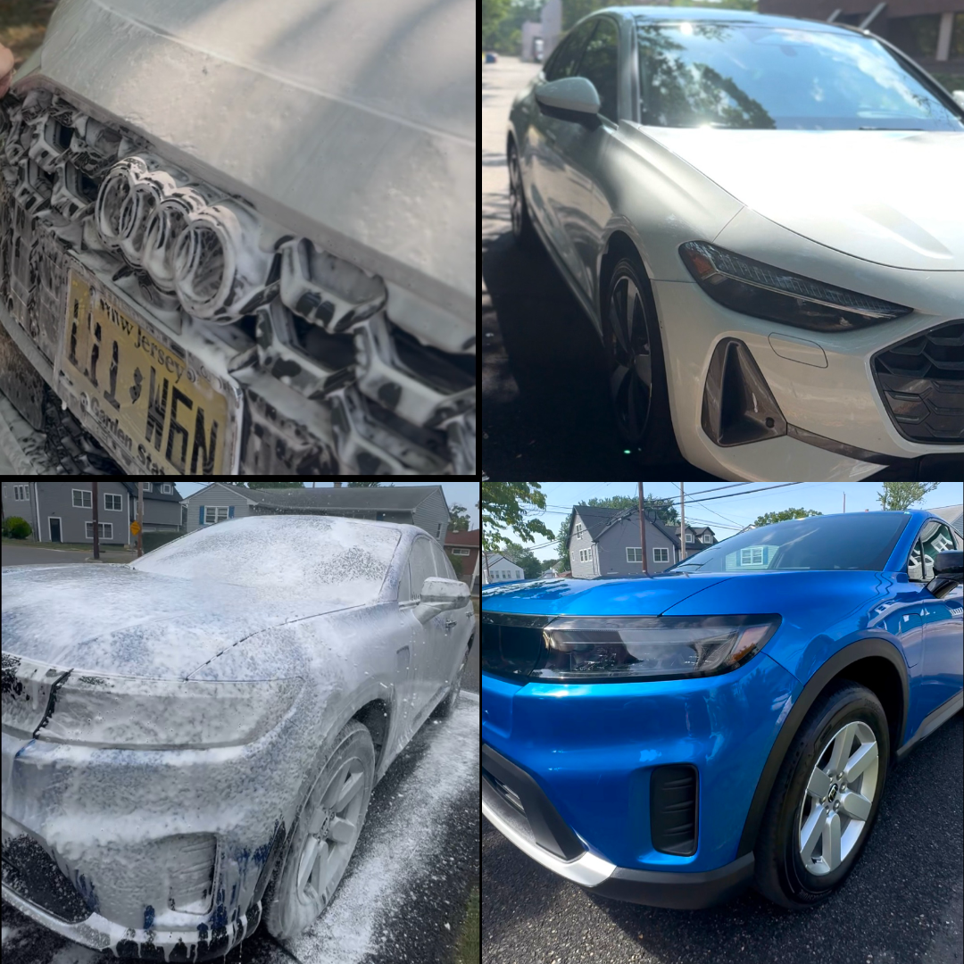 A collage of four images showing different cars: top left features an Audi with a close-up of the front grill and license plate; top right is a white sedan parked on the street; bottom left shows a grey sedan covered in soap foam during a car wash; bottom right displays a blue SUV parked on the street.