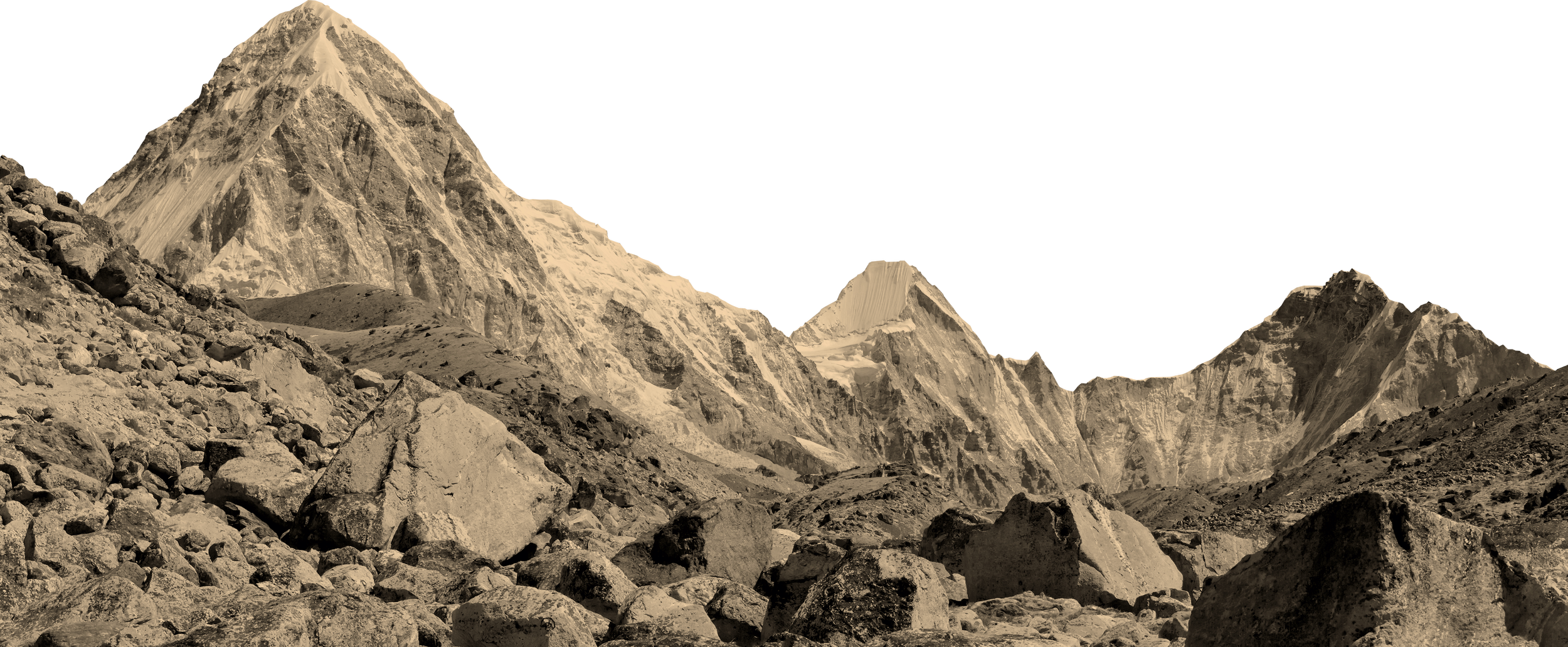 Snow-capped mountain peaks with rocky foreground, black sky.
