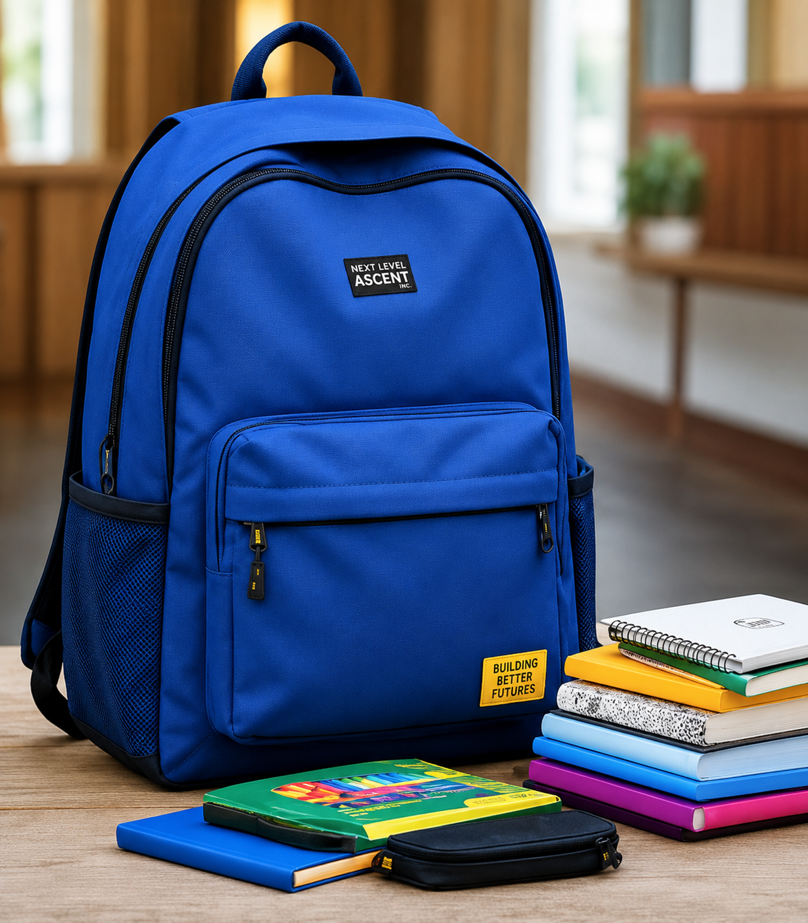 School backpack and educational supplies supporting Next Level Ascent Inc.'s mission to provide basic needs and school resources for youth.
