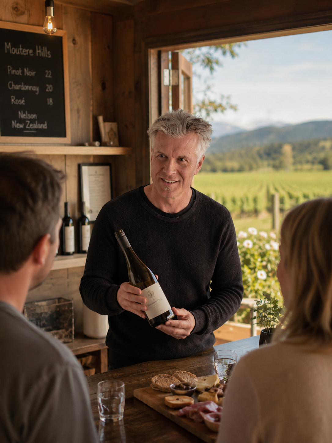 A man with gray hair smiling and holding a wine bottle while talking to two people inside a rustic winery or vineyard tasting room. There are wine bottles, glasses, and a cheese and charcuterie board on the table. The background shows a view of green vineyards and rolling hills.