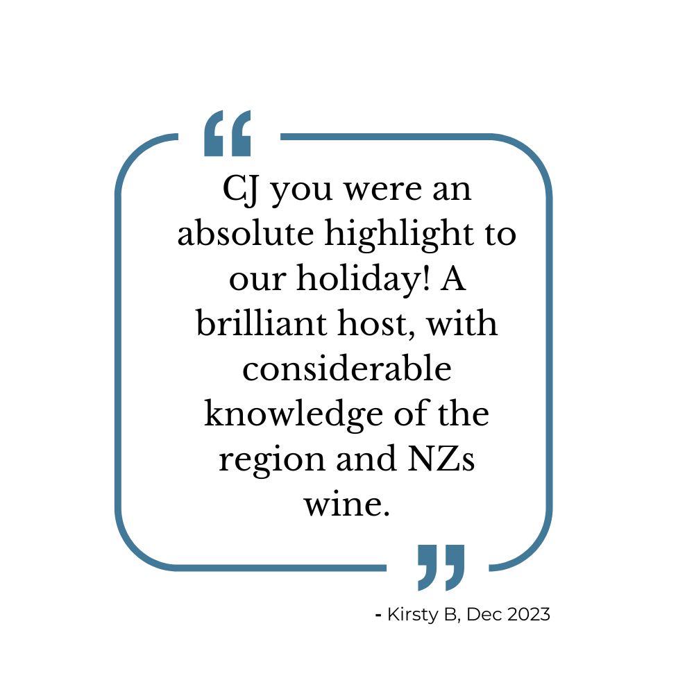 A quote about Kirsty B's holiday experience, praising her as a host with regional and New Zealand wine knowledge, dated December 2023.