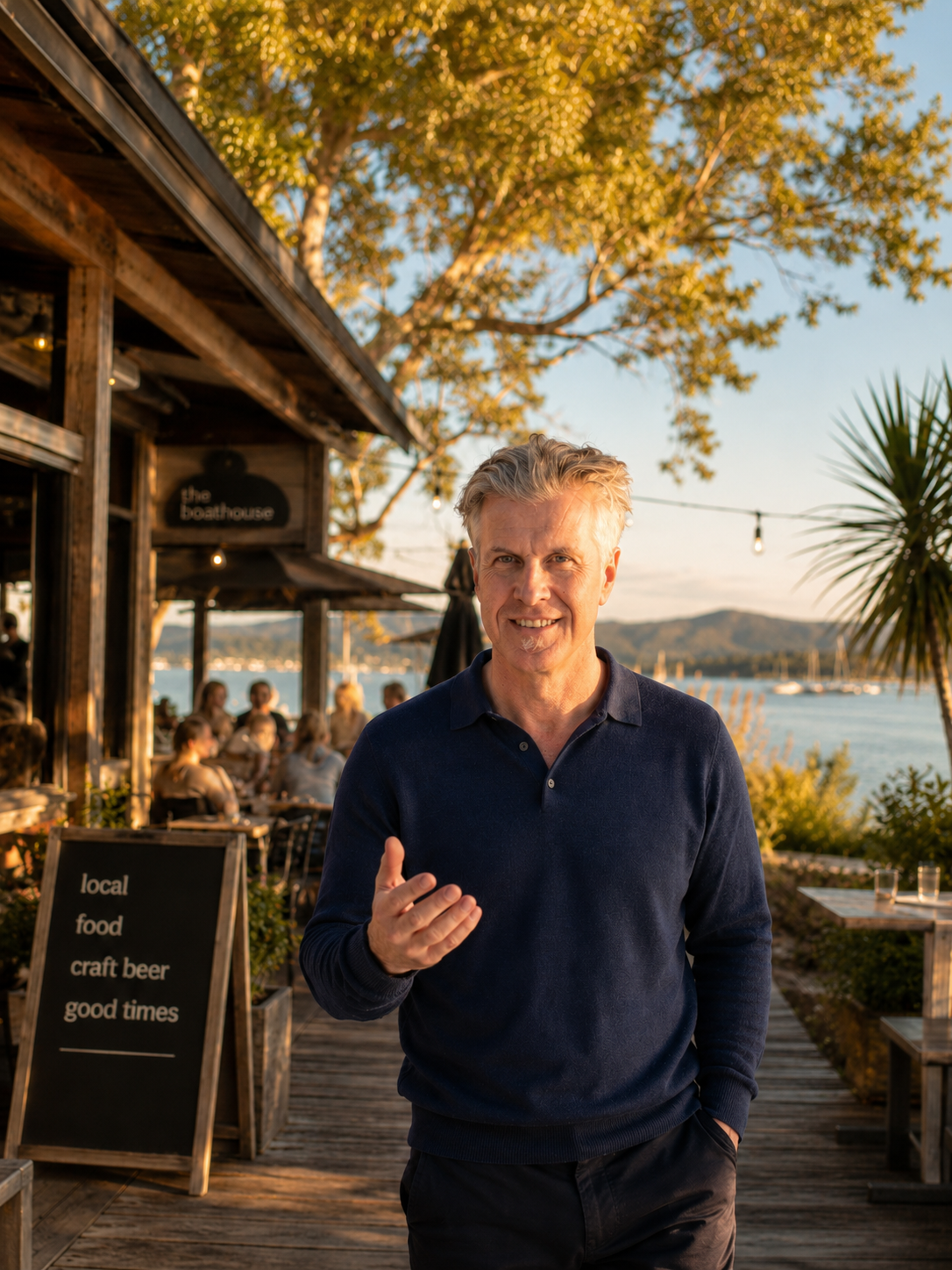 A man in a navy blue sweater smiling and gesturing outdoors at a waterfront restaurant during sunset, with tables, patrons, and a scenic view of the water and mountains in the background.