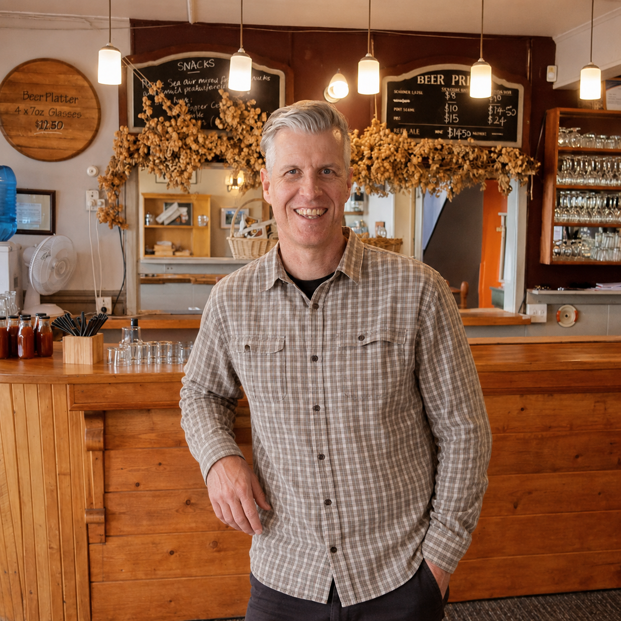 A smiling man in a plaid shirt standing in a cozy bar or cafe with wooden decor, hanging light fixtures, and a chalkboard menu in the background.