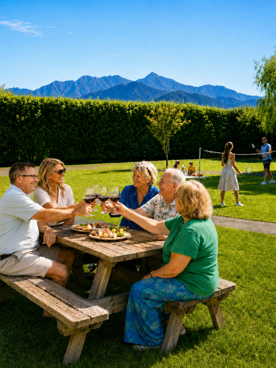 A group of people enjoying a picnic in a Marlborough vineyard with mountains in the background. They are sitting at a wooden table, raising glasses of red wine, with food on the table. In the background.