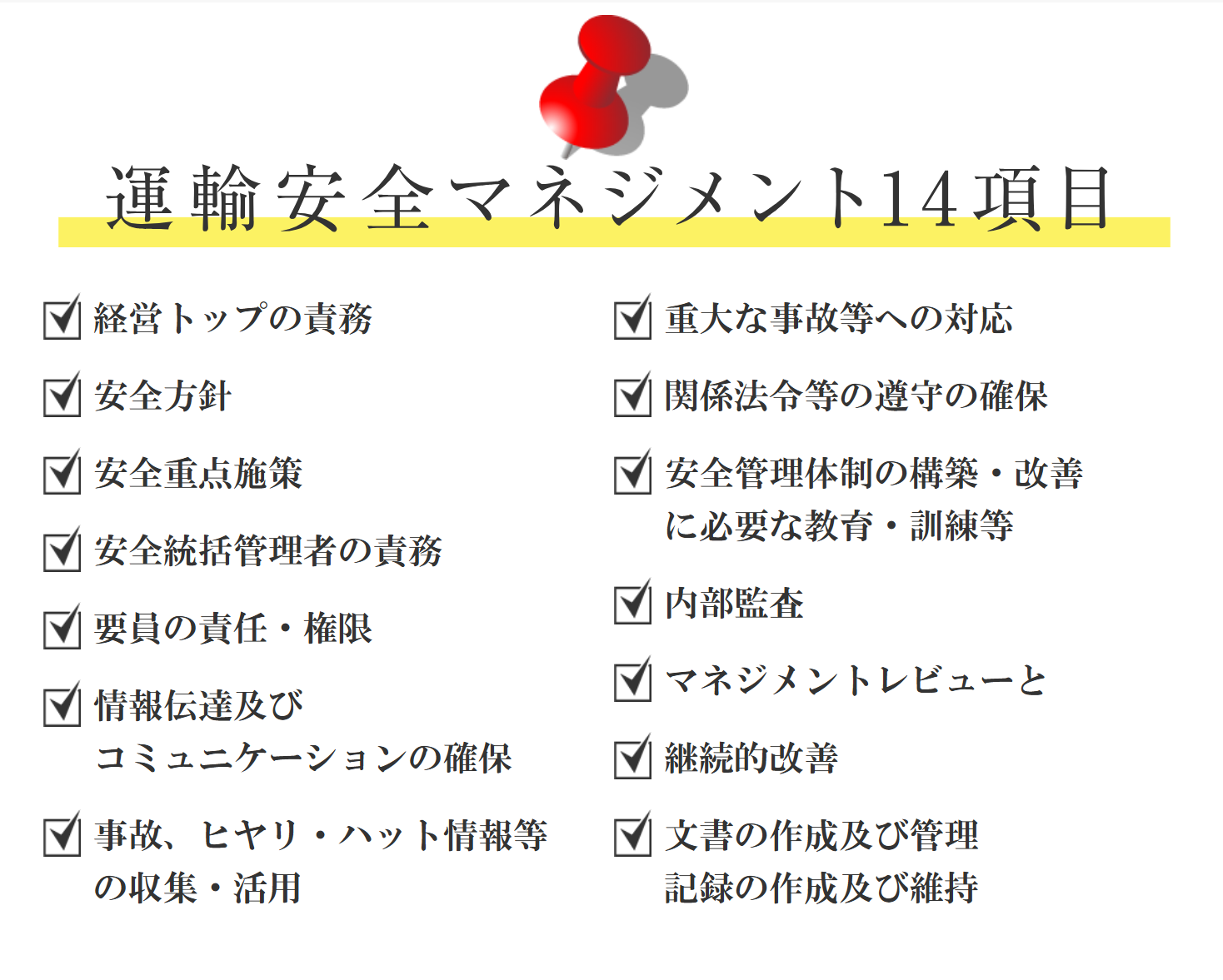 運輸安全マネジメントの14の項目のリスト。タイトルは「運輸安全マネジメント14項目」で、各項目にはチェックボックスが付いている。