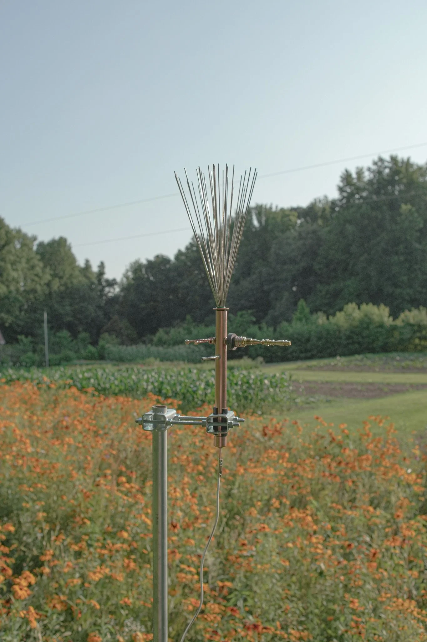 An outdoor radio antenna mounted on a metal pole in a garden or field with flowering plants and trees in the background during daylight.