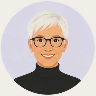 Illustration of a smiling woman with short white hair, black glasses, and a black turtleneck