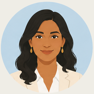 Illustration of a woman with dark wavy hair, wearing a white blazer and gold earrings, against a light blue circular background.