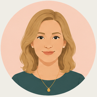 Illustration of a woman with shoulder-length blonde hair wearing a dark top and a gold necklace.
