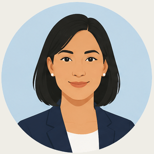 Illustration of a woman with shoulder-length black hair, wearing pearl earrings, a navy blazer, and a white top, set against a light blue circular background.
