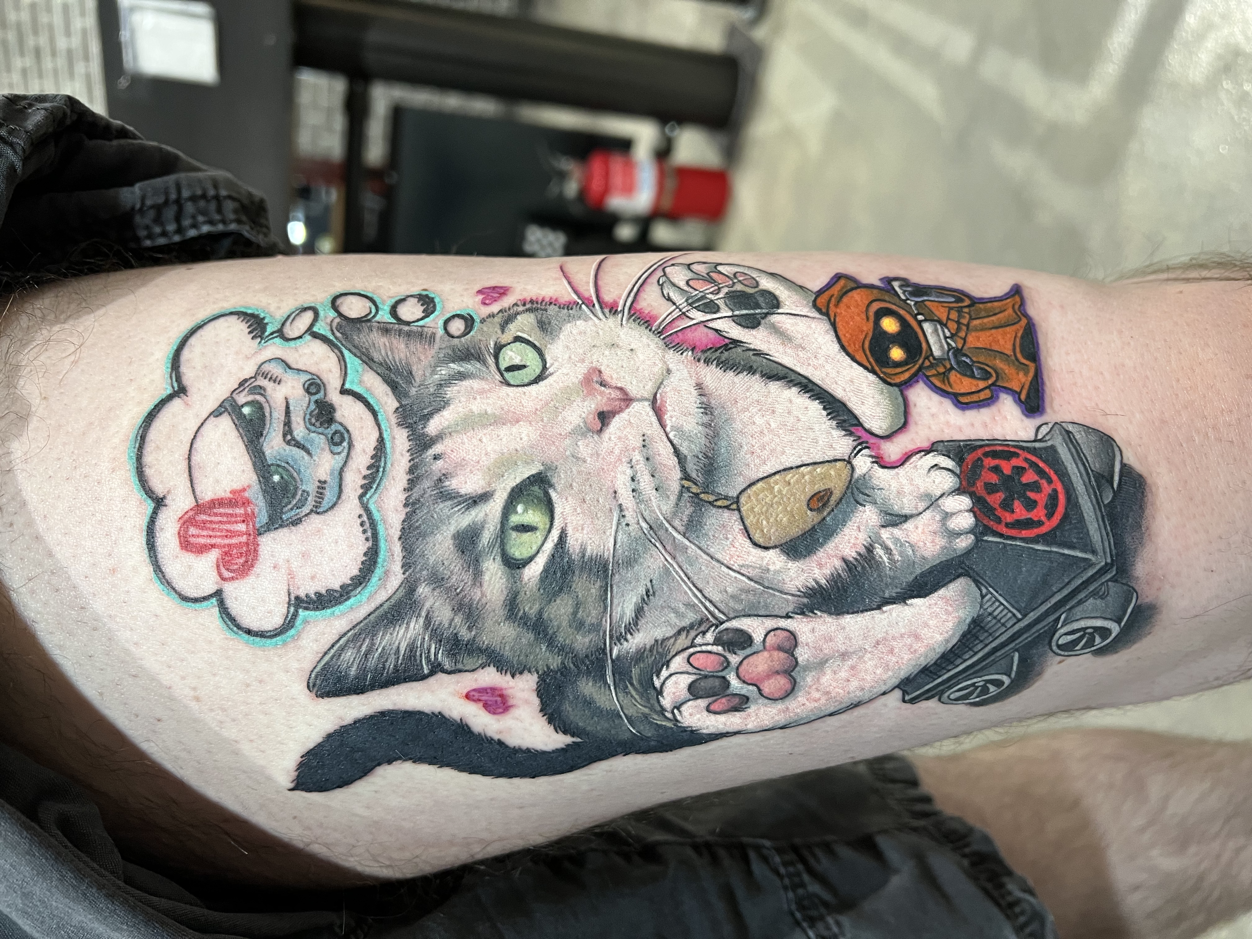 Star Wars themed cat portrait memorial tattoo with little Gawa and stormtrooper helmet