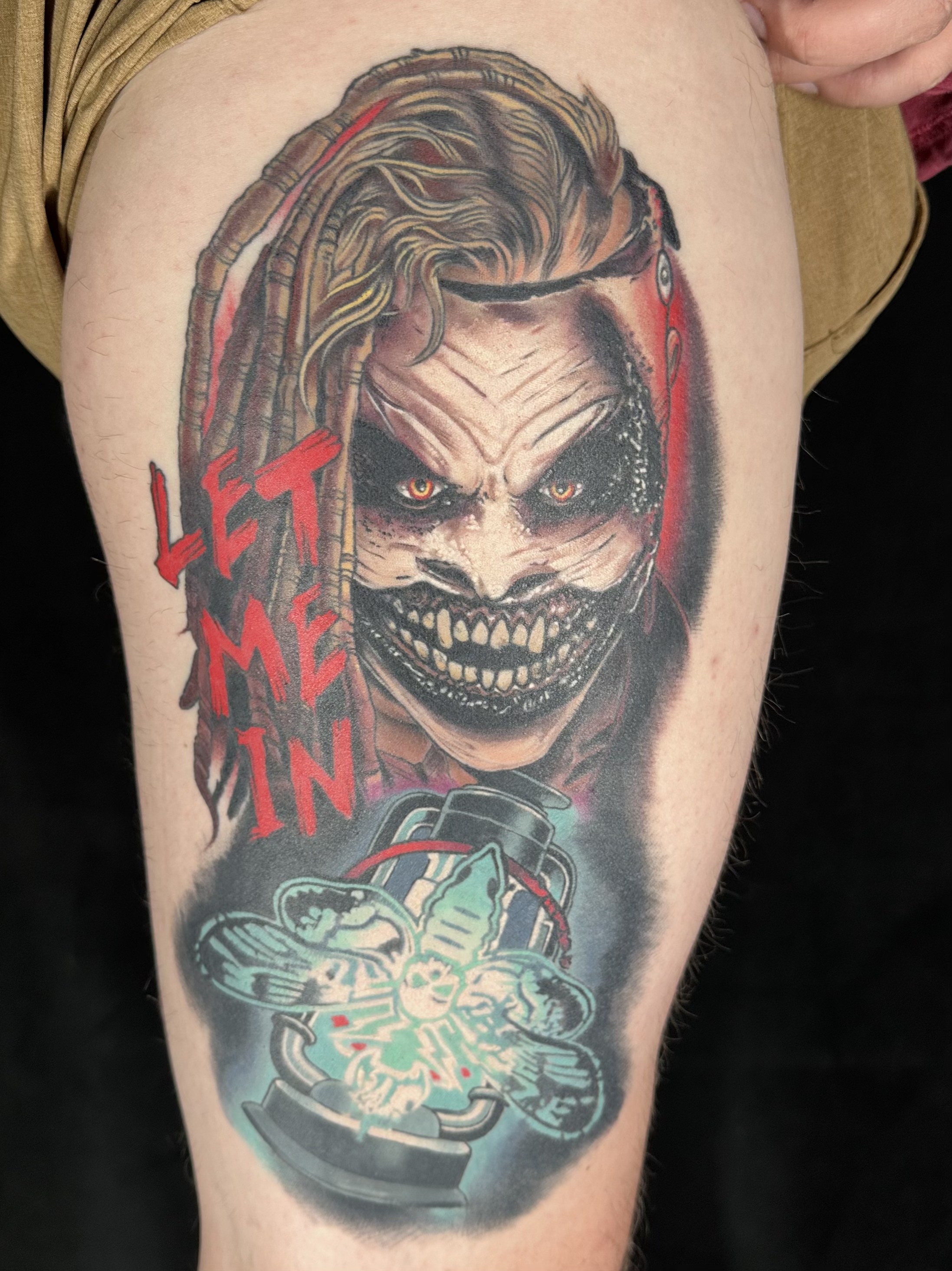 Tattoo  portrait of a Bray Wyatt from WWE in iconic mask with moth logo and slogan "Let Me In"